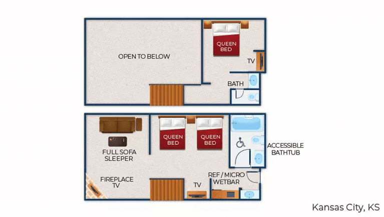 The floor plan for the accessible bathtub Loft Fireplace Suite(Accessible bathtub with balcony)